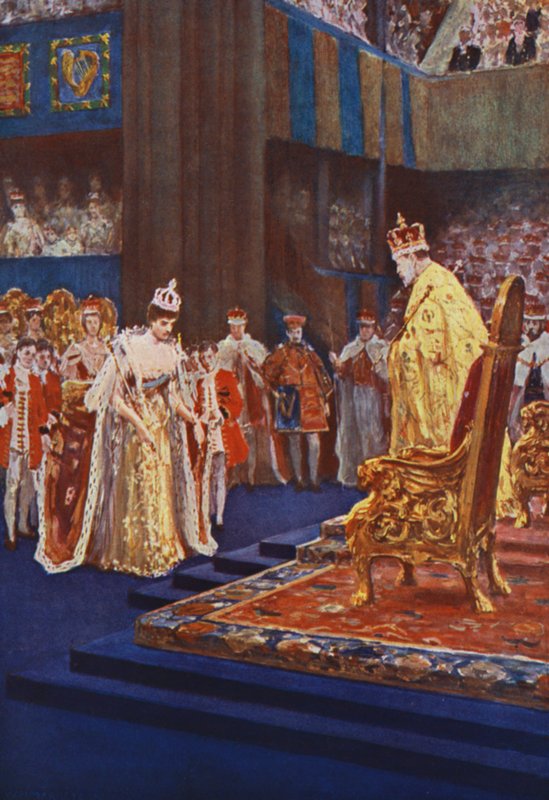 Dronning Alexandra bøyer seg for kong Edward VII på vei til tronen hennes av after William Henry Margetson
