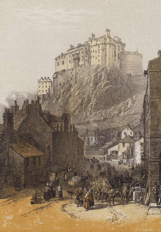 Edinburgh Castle, fra Grassmarket (chromolitho) av after William Leighton Leitch