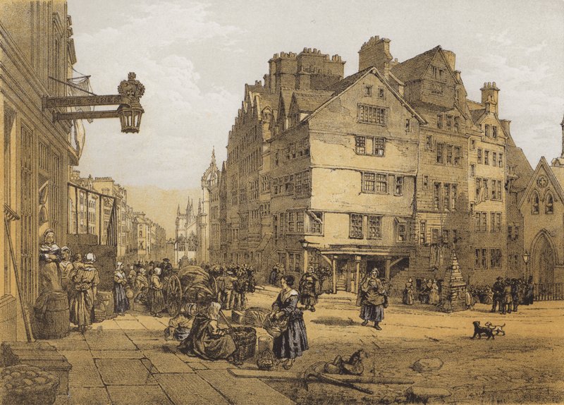 High Street fra Head of West Bow, Lawnmarket (chromolitho) av after William Leighton Leitch