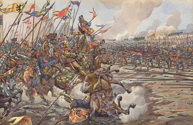 Karl den dristiges burgundiske riddere rutet av sveitsiske gjeddemenn i slaget ved barnebarnet, 1476 av Onfray de Breville Job