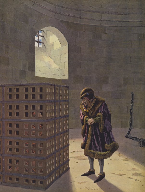 Louis XI ser på kardinal Balue, fengslet i et jernbur i fangehullene i Chateau d"Onzain for å ha fascinert med sin fiende Karl den dristige, hertugen av Burgund av Onfray de Breville Job