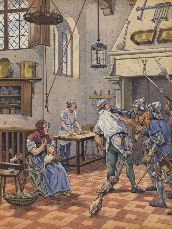 En kokk beslaglagt på kjøkkenet hans av våpenmenn mistenkt for å ha forsøkt å forgifte kongen (farge litho) av pseudonym for Onfray de Breville Jacques Job
