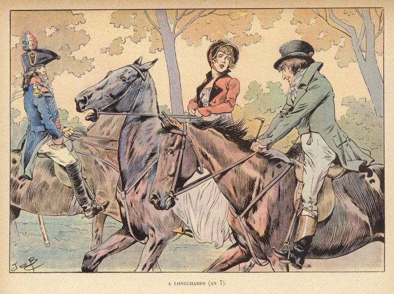På Longchamps (år 7) (farge litho) av pseudonym for Onfray de Breville Jacques Job