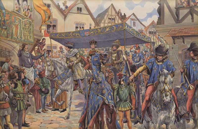 Folkemengder på gatene i Paris hilser Louis XI når han ankommer fra Burgund for å gjøre krav på kongedømmet sitt etter faren Charles VIIs død (farge litho) av pseudonym for Onfray de Breville Jacques Job