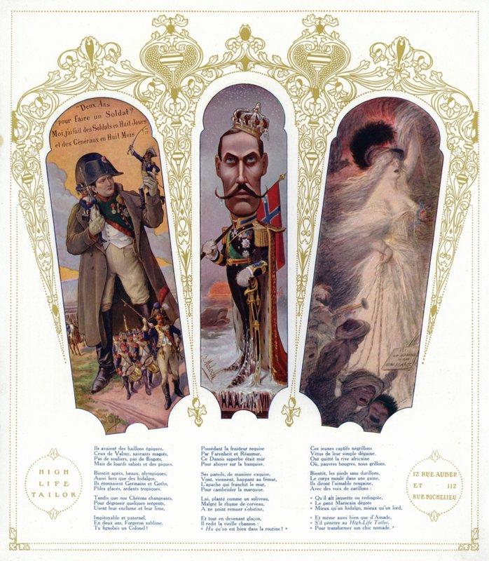 Fransk militærtrening, karikatur av kong Haakon VII av Norge, og marokkanske immigranter i Frankrike (farge litho) av pseudonym for Onfray de Breville Jacques Job
