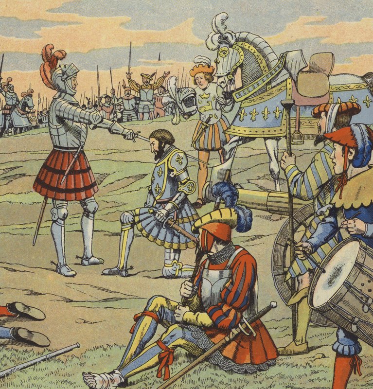 Kong Frans I av Frankrike mottok sin ridderskap fra Chevalier de Bayard etter slaget ved Marignano av pseudonym for Onfray de Breville Jacques Job