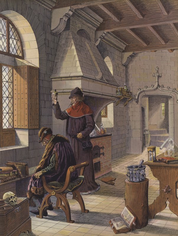 Kong Louis XI, etter å ha fått et anfall av apopleksi, søker hjelp fra legen Jacques Coitier for å holde ham i live (farge litho) av pseudonym for Onfray de Breville Jacques Job