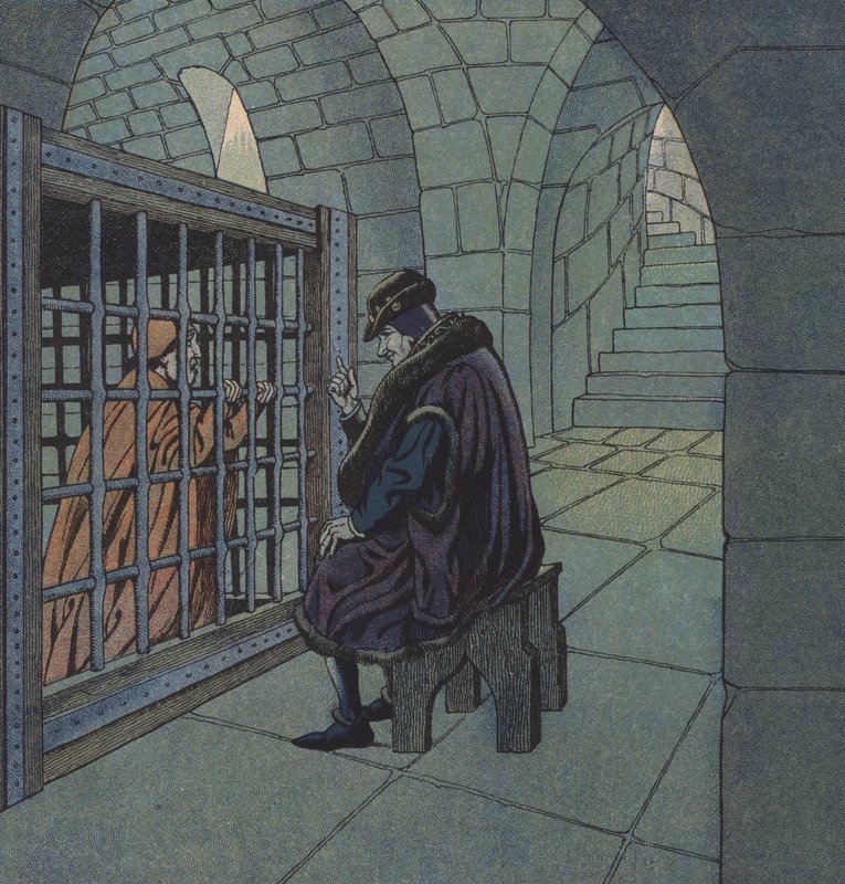 Kong Louis XI av Frankrike og kardinal Balue (farge litho) av pseudonym for Onfray de Breville Jacques Job