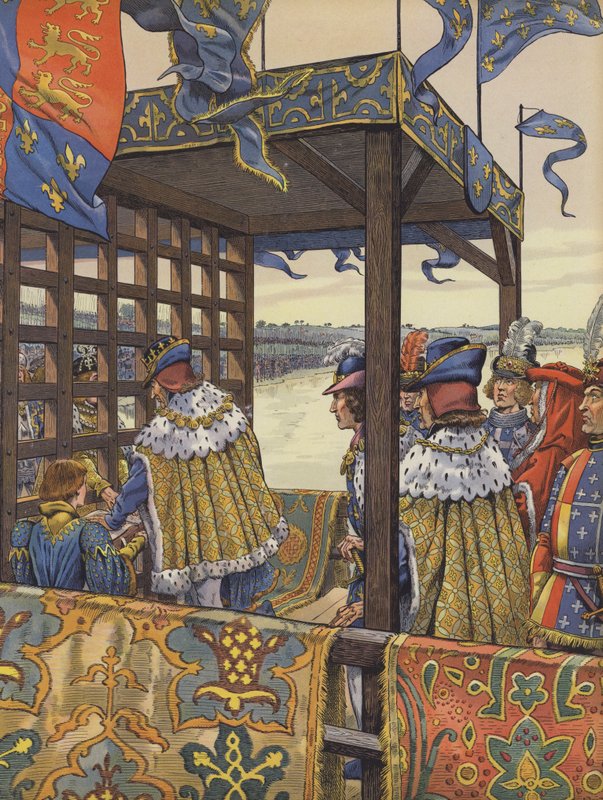 Louis XI av Frankrike og Edward IV av England møtes for å signere Picquigny-traktaten på hver side av en trebarriere av pseudonym for Onfray de Breville Jacques Job
