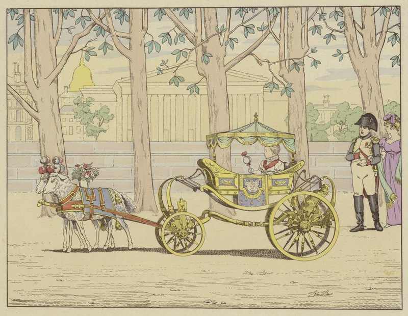 Mester av verden, han er den lykkeligste av fedre. Napoleon ser på kongen av Italia som tar sine første skritt i en vogn trukket av geiter av pseudonym for Onfray de Breville Jacques Job
