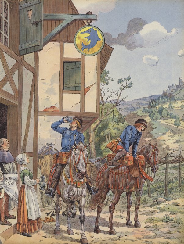 Sendebud som tar forfriskninger på et vertshus ved veikanten (farge litho) av pseudonym for Onfray de Breville Jacques Job