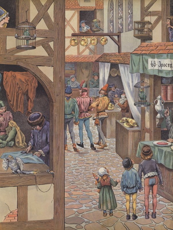 Parisere med burfugler (farge litho) av pseudonym for Onfray de Breville Jacques Job