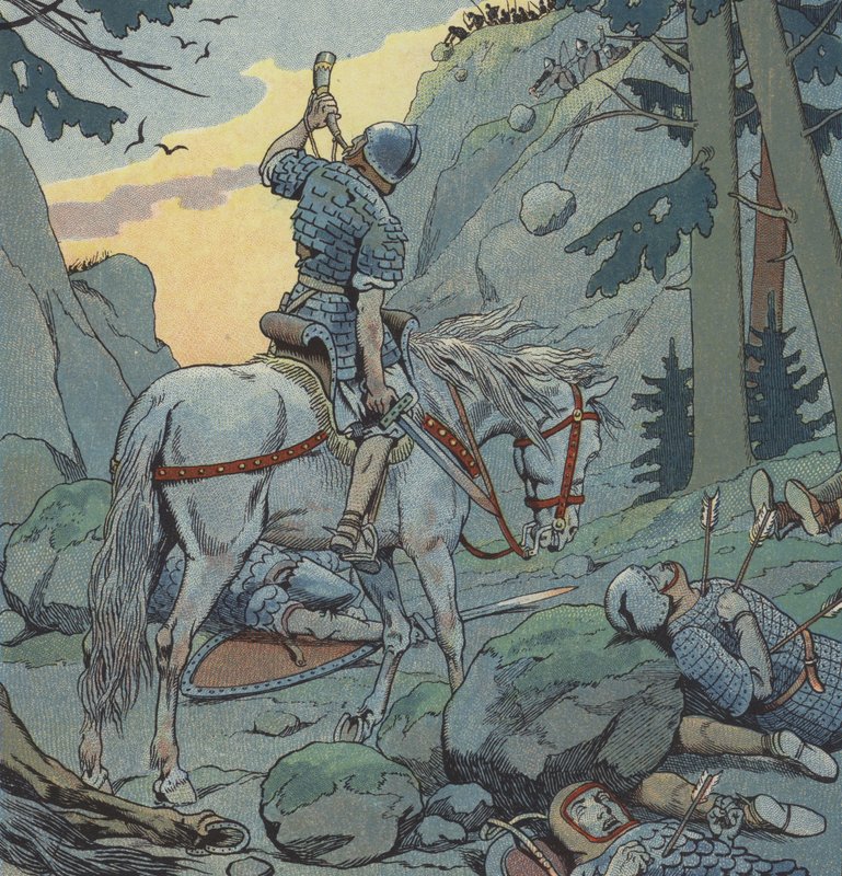 Roland på Ronceveaux (farge litho) av pseudonym for Onfray de Breville Jacques Job