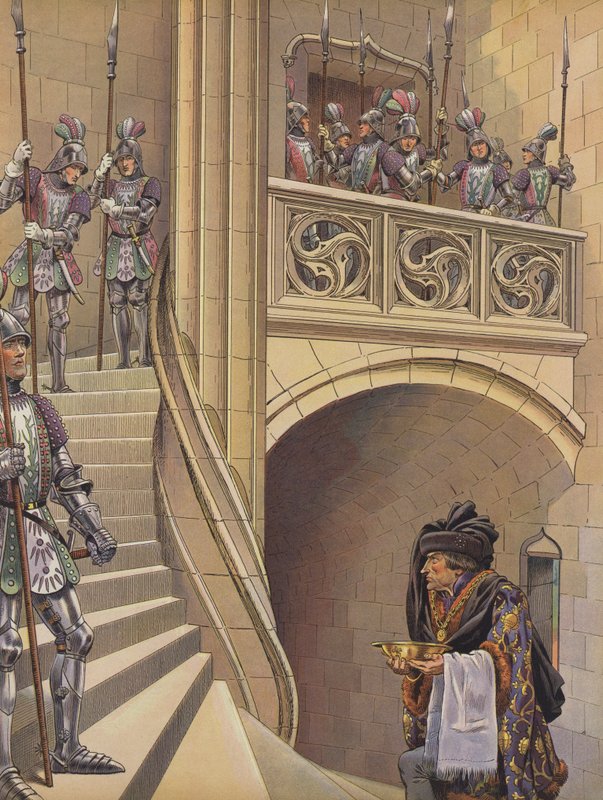 Barberen klatret opp trappene mot kongens kammer, forbi de mange væpnede vaktene (farge litho) av pseudonym for Onfray de Breville Jacques Job