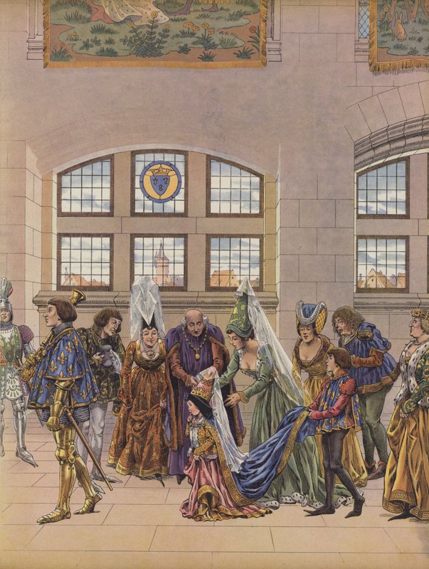 Den tre år gamle Margareta av Østerrike ankommer for å bli presentert for Dauphin Charles, sønn av kong Louis XI av Frankrike, som hans potensielle brud (farge litho) av pseudonym for Onfray de Breville Jacques Job