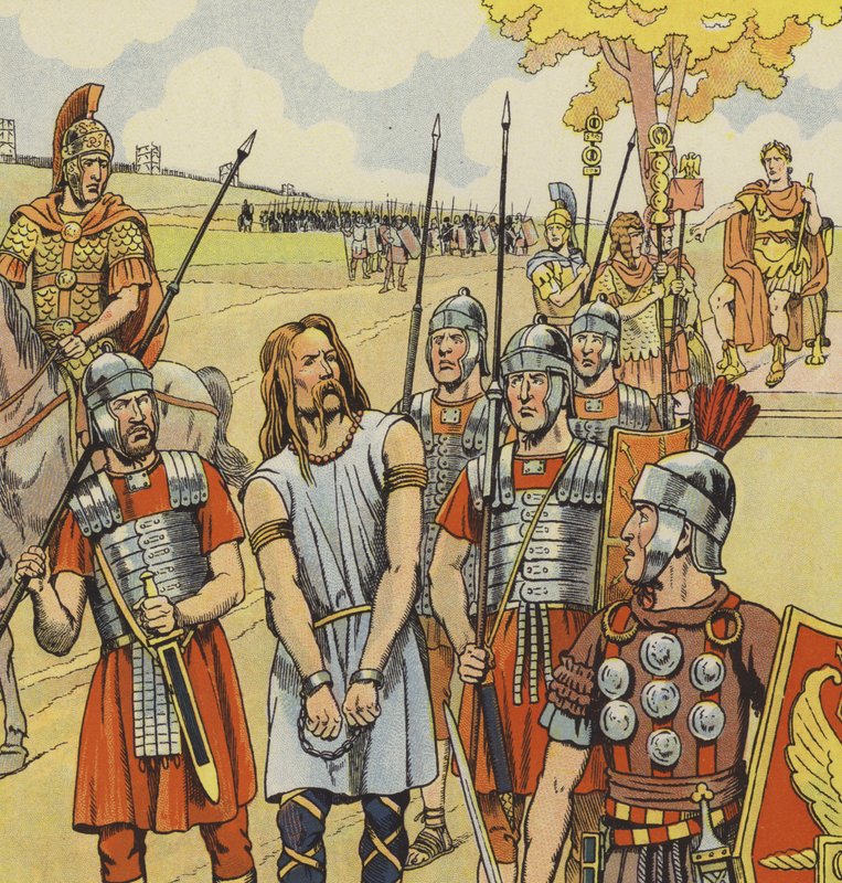 Vercingetorix overgir seg til Julius Caesar, 52 f.Kr. (farge litho) av pseudonym for Onfray de Breville Jacques Job