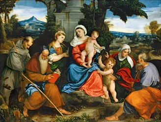 Den hellige familie med de hellige Frans, Antonius, Magdalena, døperen Johannes og Elisabeth ...