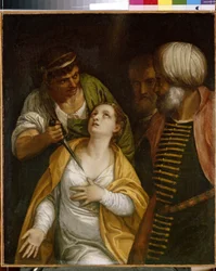 Den hellige Justinas martyrium. Justina av Padova (født i det 3. århundre-304), martyr fra antikkens Roma, ble gjennomboret av et sverdhugg. Italiensk kunst (Venezia)