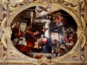 Tilbedelse av gjetere. Maleri av Paolo Caliari kalt Paolo Veronese (1528-1588), etter 1568. Olje på lerret. Mål: 910x455 cm. Venezia, SS-basilikaen. Giovanni e Paolo (San Zanipolo), kapell i rosenkransen. Venezia (basilikaen til de hellige Giovanni og Paol