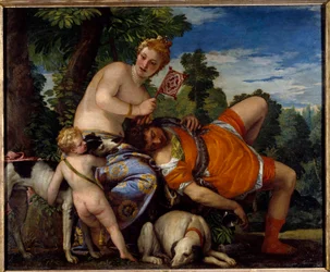 Afrodite og Adonis. Adonis, en skikkelse fra gresk mytologi, elsker Afrodite. Maleri av Paolo Veronese (1528-1588)