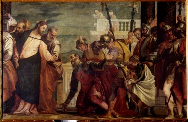 Jesus Kristus og centurionen. Centurionen fra Kapernaum ba Jesus om å helbrede sin lamme tjener. Maleri av Paolo Veronese (1528-1588), 16. århundre. H. 1,92 x 2,97 m, Madrid, Prado-museet