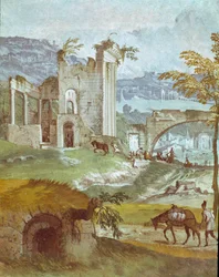 Landskap av Bacchus rom. Maleri av Paolo Caliari kalt Paolo Veronese (1528-1588), ca. 1561. Fresco Maser (Treviso), Villa Barbaro, Room of Bacchus