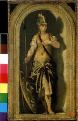 Minerva (Minerca). Ved siden av henne, hennes skjold med hodet til Gorgon Medusa. Maleri av Paolo Veronese (1528-1588). Olje på lerret, 28 x 16 cm, ca 1560. Venetiansk kunst, italiensk renessanse. Pushkin Museum of Fine Arts, Moskva.