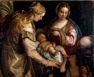 Den hellige familie med Saint Barbe og Saint John the Baptist. Maleri av Paolo Caliari kalt Paolo Veronese (1528-1588), ca 1562. Olje på lerret. Mål: 86x122cm. Firenze, Galleria degli Uffizi (Firenze, Uffizi-museet)