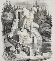 Apenninenes koloss (av Giambologna) i parken ved Villa Demidoff (Villa Medicea di Pratolino), Vaglia, Toscana, Italia, litografi av Giovanni Mariani fra Poliorama Pittoresco, nr. 10, 15. oktober