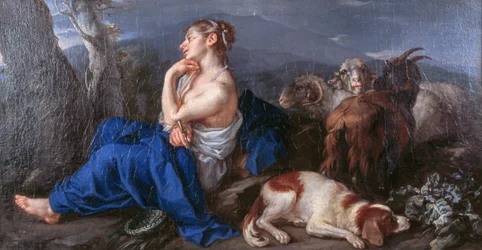 Erminia skriver navnet til sin elskede på trestammen, av Francesco Fernandi kjent som Imperiali (1679-1740), olje på lerret, 42x80 cm