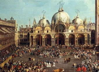 Tyrefekting eller oksejakt på Piazza San Marco, av Giovanni Antonio Canal, kjent som Canaletto (1697-1768) og av Giovanni Battista Cimaroli (1687-etter 1753), olje på lerret, 99x145 cm