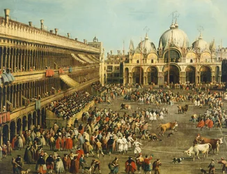 Tyrefekting eller oksejakt på Piazza San Marco, av Giovanni Antonio Canal (1697-1768) og av Giovanni Battista Cimaroli (1687-etter 1753), olje på lerret, 99x145 cm
