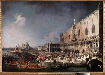 ""Inngangen til grev Gergy, Frankrikes ambassadør, ved hertugpalasset i Venezia"" (Ankomst av den franske ambassadøren i Venezia) Maleri av Giovanni Antonio Canal, Said Canaletto (1697-1768)