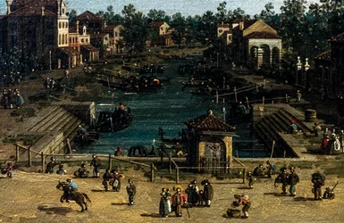 Utsikt over Mestre med Canale delle barche, detalj, ca. 1755–1760 (olje på lerret)