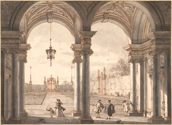 ""View of a Baroque Colonnade withlooking a Garden"" (View through a Baroque Colonnade into a Garden) Pennetegning av Antonio Canal dit Canaletto (1697-1768) 1760-1768 Dim 33,1x45,4 cm Albertina , Wien