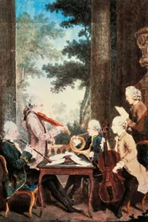 Konsert med obo, fiolin, horn og cello, av Louis de Carmontelle (1717-1806), akvarell. Frankrike