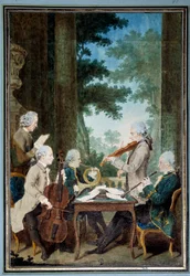 Herrene Duport, Vachon, Rodolphe, Provers og Vernier - Portrett av en gruppe musikere under en konsert. Akvarell av Louis Carrogis (1717-1806), kalt Carmontelle. 18. århundre. 0,34 x 0,23 m. Chantilly, Musée Condé
