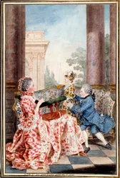 La belle Madame Caze, kone til bondens general og hennes barn Akvarell av Louis Carrogis (1717-1806) dit Carmontelle. 1700-tallets søn. 0,32x0,21 m Chantilly, musee conde