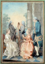 Madam og Miss Chatelain, Mr Brot og Mr de la Myre. Akvarell av Louis Carrogis Carmontelle (1717-1806)