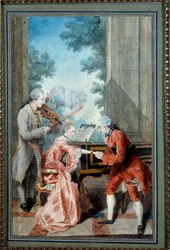 Mademoiselle Delou, Monsieur Philippe og Monsieur de Texier En gentleman hyller en ung pianist. Akvarell av Louis Carrogis, dit Carmontelle (1717-1806) Paris fra 1700-tallet, Musee Carnavalet - Mademoiselle Delou, Monsieur Philippe og Monsieur d