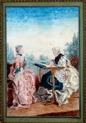 Mademoiselle Melin og Mademoiselle de Laleu gjør akvarellteppe av Louis carrogis dit Carmontelle (1717-1806) 1759. Paris, Musee Carnavalet