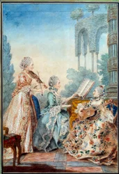 De tre døtrene til komponisten Joseph Nicolas Pancrace Royer (1705-1755) fremfører partituret til balletten Zaide Aquarelle av Louis Carrogis Carmontelle (1717-1806) 1760 Paris, Musee Carnavalet