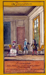 Den uvelkomne illustrasjonen av en rekke ordtak. Akvarell av Louis Carrogis dit Carmontelle (1717-1806) 1700-tallet. Chantilly, Conde-museet