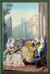 To unge jenter som lager akvarellmusikk av Louis carrogis dit Carmontelle (1717-1806) fra 1700-tallet. Paris, Musee Carnavalet