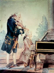 Wolfgang Amadeus Mozart (1756-1791) som barn ved pianoet med faren Leopold. Akvarell av Louis Carrogis Carmontelle (1717-1806), 1777, Paris, Musée Carnavalet