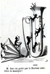 Herr Sax blir såret av den svarte legen. Adolphe (Adolph) Sax, oppfinneren av saksofonen (1814-1894)