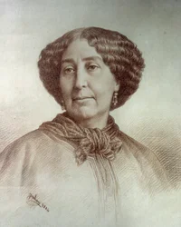 Portrett av bokstavkvinnen George Sand (1804-1876) Aurore Dupin, Barones Dudevant Tegning av Rene Jouhan (1835-?) fra et fotografi av Nadar