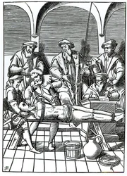 Vanntortur, etter et tresnitt i #39;Praxis Rerum Criminalium#39; av Joos de Damhouder (1507-81) publisert Antwerpen