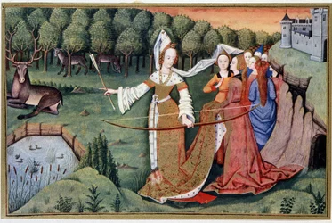 Diane (Artemis) - chromolithography from a 15th century illumination   1425502   no       norwegian Successfully Translated  Original: Fragment of Wall Decoration, c. 1940. Translat: Fragment of Wall Decoration, c. 1940. 1146373 no norwegian Successfully T