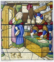 Jødens historie på Rue des Billettes - faksimile av et glassmaleri, St Alpin Church i Chalon